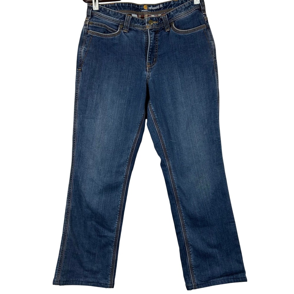 Carhartt Womens Relaxed Fit Flannel Lined Jeans Blue Denim 10 Short 100648 422